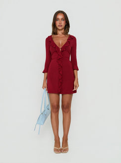 Venice Baby Knit Frill 3/4 Sleeve Mini Dress Wine