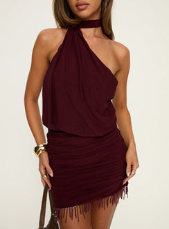 Loraina Scarf Beaded Mini Dress Burgundy