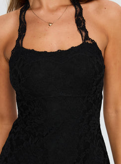 back view of model wearing Princess Polly Front Page Halter Lace Mini Dress Black Square Neck 