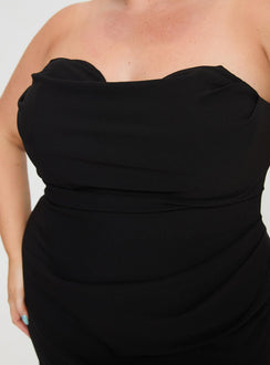 back view of model wearing Princess Polly Ferri Strapless Maxi Dress Black Curve Straight Neck 