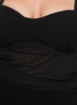 Black maxi dress adjustable straps, sweetheart neckline, mesh material, ruching detail, split hem