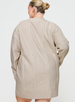 back view of model wearing Princess Polly Cardi Long Sleeve Mini Dress Cream Curve V-Neck 