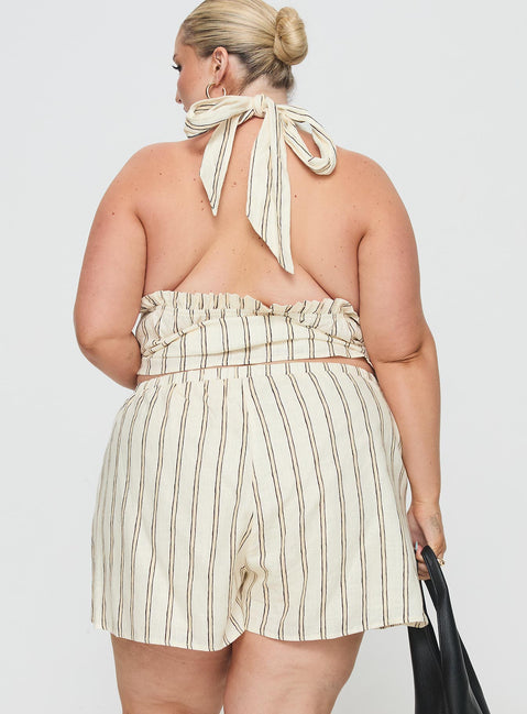 Princess Polly Curve  Striped linen set Halter neck top, tie fastening, elasticated band under bust, v-neckline High-rise shorts, elasticated waistband, twin hip pocket Non-stretch material, partially lined  Princess Polly Lower Impact