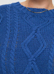 Blue Cable knit sweater Crew neckline, drop shoulder