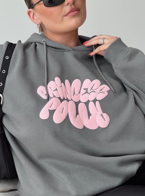 Princess Polly Hooded Sweatshirt Bubble Text Charcoal / Light Pink Curve Princess Polly  regular 