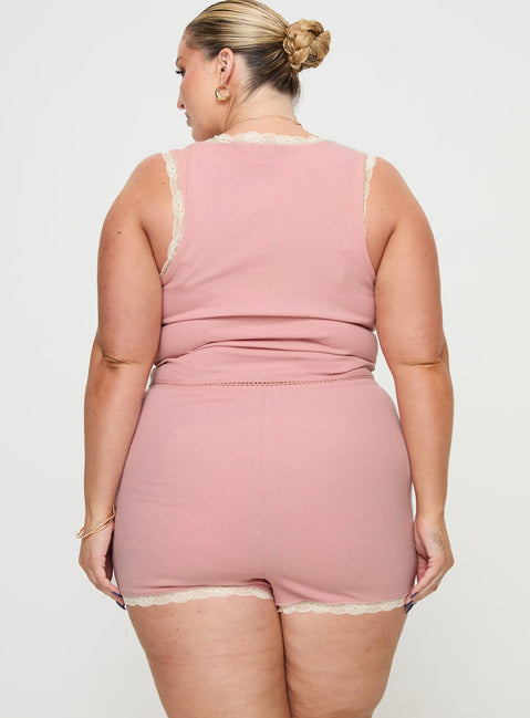 Riley Matching sleep set Tank style top, ribbed material, lace trim with flower detail, elasticated waistband