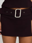 back view of model wearing Princess Polly Genessa Belted Micro Mini Skirt Wine Mini Skirts 