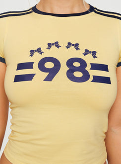 back view of model wearing Princess Polly Salda Top Lemonade / Navy Short Sleeves Crew Neck 