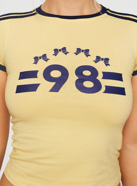 back view of model wearing Princess Polly Salda Top Lemonade / Navy Short Sleeves Crew Neck 