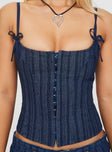 product Princess Polly Sleeveless Asymmetric Neckline  Charismatic Denim Corset Dark Pinstripe