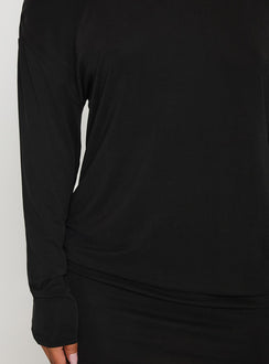 back view of model wearing Princess Polly Shelisa Mini Dress Black Asymmetric Neckline 