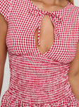 back view of model wearing Princess Polly Ladybug Gingham Mini Dress Red Crew Neck 