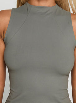 back view of model wearing Princess Polly Healing Energy Funnel Neck Top Grey Sleeveless High Neck 