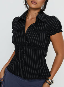 Deserve You Puff Sleeve Button Front Top Black Stripe