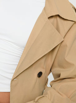 Beige Cropped trench coat Lapel collar, button fastening at front, adjustable & removable belt at waist & cuffs