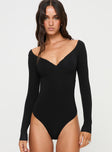 front view of model wearing Princess Polly Loveydove Bodysuit Black Full Sleeves 