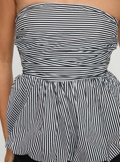 back view of model wearing Princess Polly Selenea Bubble Hem Top Black / White Sleeveless straight 