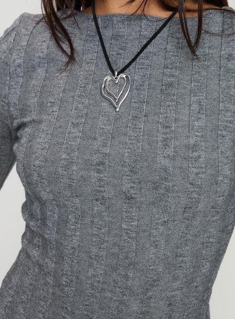 back view of model wearing Princess Polly Rich Girl Mini Dress Grey Marle Boat Neck 