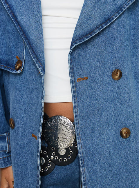 Denim trench coat Lapel collar, button fastening down front, adjustable & removable belts on cuff & waist Non-stretch material, unlined 