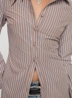 back view of model wearing Princess Polly Run The World Top Brown Stripe Full Sleeves High Neck 