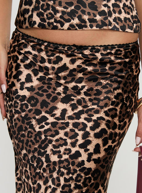 back view of model wearing Princess Polly Enigmatic Maxi Skirt Leopard Maxi 