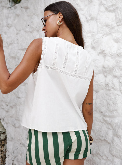 back view of model wearing Princess Polly Angourie Blouse Top White Sleeveless Crew Neck 