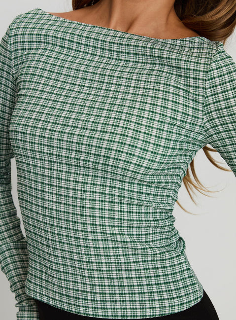 back view of model wearing Princess Polly Every Second Boat Neck Long Sleeve Top Green Check Full Sleeves Boat Neck 