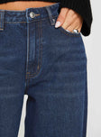 back view of model wearing Princess Polly Naylor Wide Leg Jeans Mid Blue Denim Tall Mid Rise 