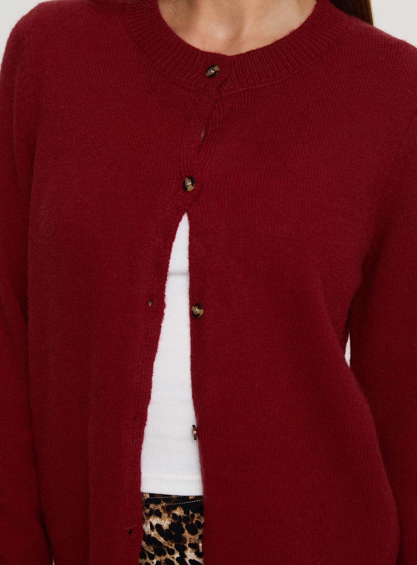 back view of model wearing Princess Polly Arica Button Up Knit Cardigan Red Long 