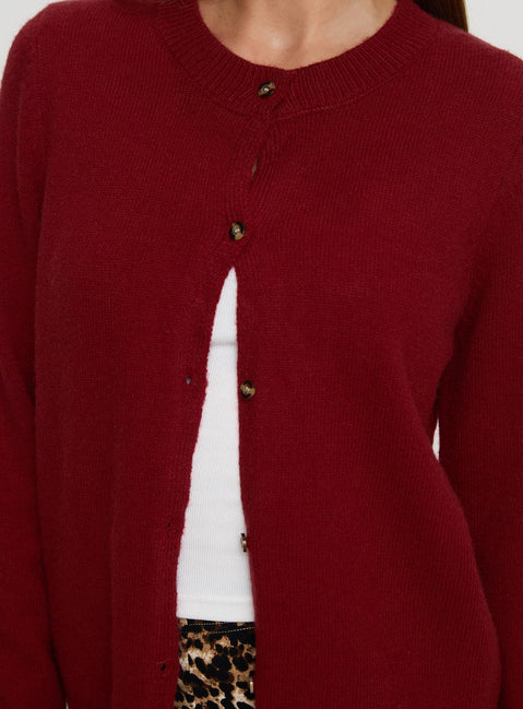 back view of model wearing Princess Polly Arica Button Up Knit Cardigan Red Long 