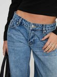 front view of model wearing Princess Polly Ferris Two-toned Straight Leg Jean Blue Wash Denim Low Rise Jeans 