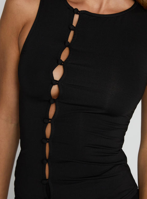 back view of model wearing Princess Polly Shanton Top Black Sleeveless Crew Neck 