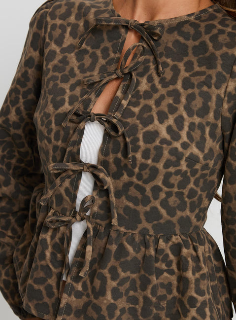 back view of model wearing Princess Polly Recognize Tie Detail Long Sleeve Top Leopard Full Sleeves Crew Neck 