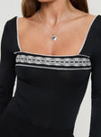 front view of model wearing Princess Polly Keating Long Sleeve Bodysuit Black Full Sleeves 