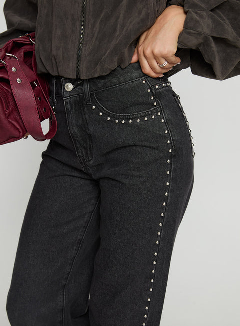 back view of model wearing Princess Polly Saving Up Stud Detail Jeans Jet Black High Rise Jeans 