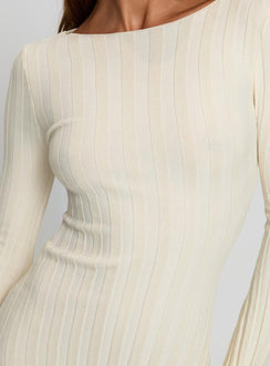 back view of model wearing Princess Polly Ryo Long Sleeve Rib Maxi Dress Cream Boat Neck 