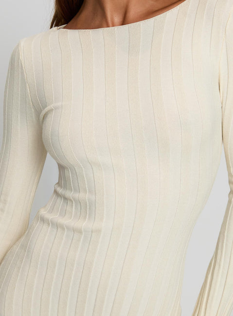 back view of model wearing Princess Polly Ryo Long Sleeve Rib Maxi Dress Cream Boat Neck 