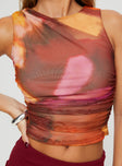 Tank top Mesh material, tie-dye print, high neckline, ruching detail at sides Good stretch, fully lined 