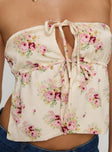 Strapless top Floral print, drawstring fastening at front, split hem Non-stretch material, fully lined 