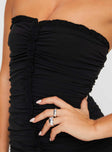 Front view of model wearing  front Princess Polly Asymmetric Neckline  Clancey Strapless Mini Dress Black