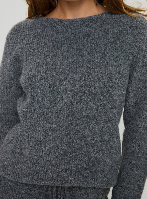 back view of model wearing Princess Polly Abrams Rib Knit Crew Sweater Charcoal Marle 