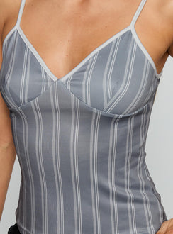 back view of model wearing Princess Polly Clear Vision Top Grey Stripe Sleeveless V-Neck 