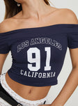 back view of model wearing Princess Polly Serendipia Off The Shoulder Graphic Top Navy Short Sleeves straight 