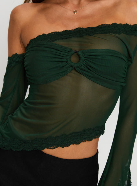 back view of model wearing Princess Polly Empty Space Top Forest Green Full Sleeves Asymmetric Neckline 