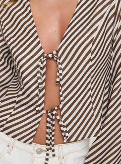 product Princess Polly Maxette Long Sleeve Tie Top Brown Stripe Full Sleeves V-Neck 