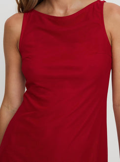 side view of model wearing Princess Polly Lukea Sleeveless Mini Dress Red Crew Neck 