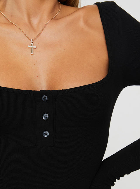 back view of model wearing Princess Polly Ballard Long Sleeve Bodysuit Black Full Sleeves Square Neck 