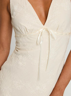 back view of model wearing Princess Polly Faithfully Embroidered Mini Dress Beige Plunger 