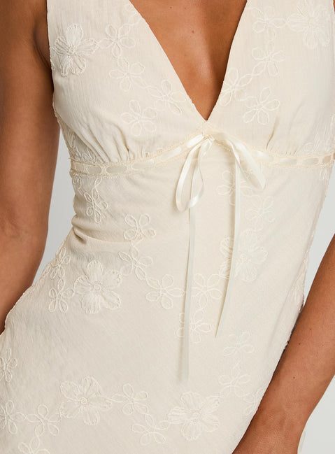 back view of model wearing Princess Polly Faithfully Embroidered Mini Dress Beige Plunger 