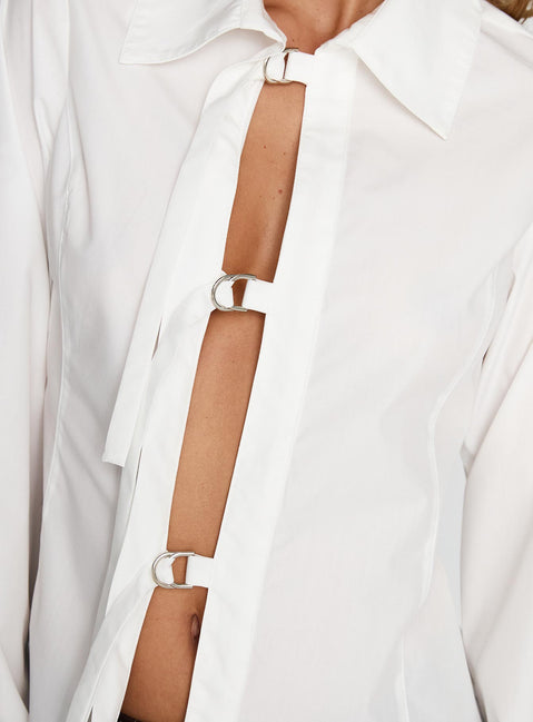 back view of model wearing Princess Polly The Temptation Long Sleeve Top White Full Sleeves High Neck 